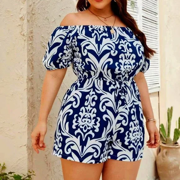 Plus Size Women's Romper 0XL Boho Off Shoulder White Blue Romper size 12-14us - Picture 1 of 5